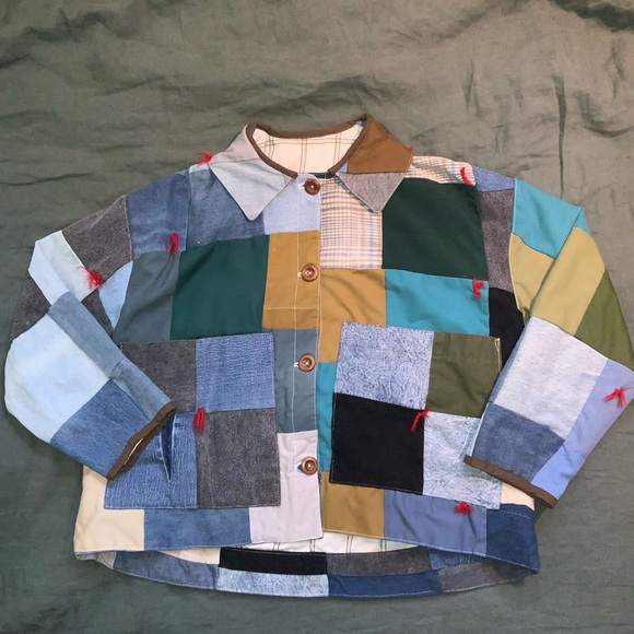 Handmade Jackets & Blazers - handmade quilt coat denim patchwork barn jacket chore coat vintage wooden button